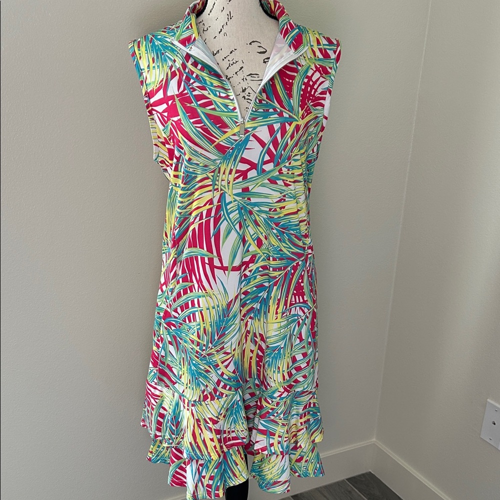 Tail Vibrant Tropical Print Sleeveless Midi Dress in White, Pink, Yellow, Teal